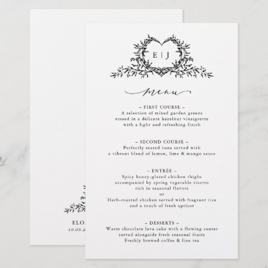 Minimalist Calligraphy Crest monogram Wedding Menu (Voorkant / Achterkant)