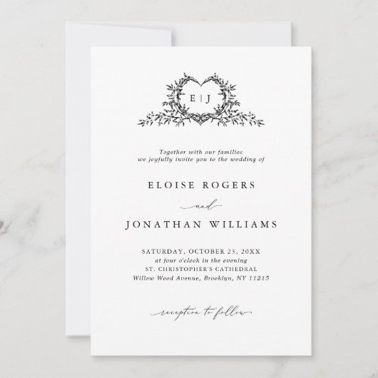 Minimalist Calligraphy Crest QR Code Chic Wedding Kaart (Voorkant)