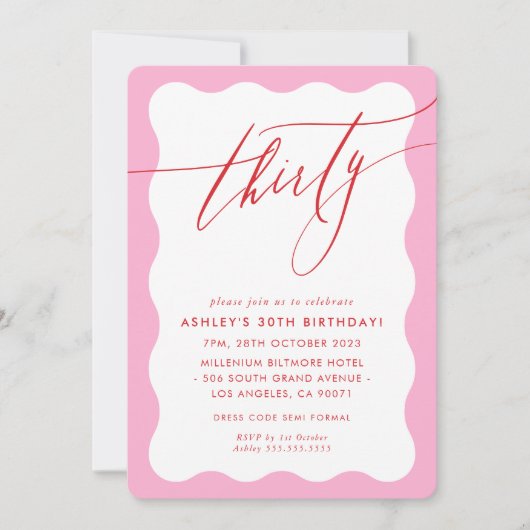 MINIMALIST Calligraphy wave 30th party pink red Kaart (Voorkant)