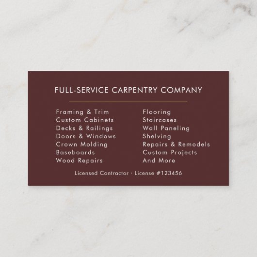 Minimalist Carpenter Burgundy Gold Modern Visitekaartje (Achterkant)