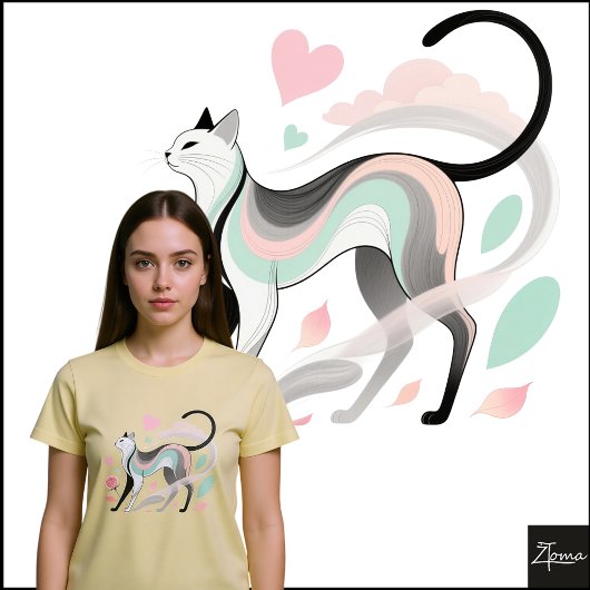 Minimalist Cat Pastel Rose Heart Sketch T-shirt