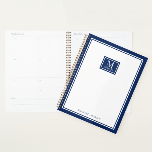 Minimalist Chic 2 Boarder Monogram Name Navy Blue Planner (Display)