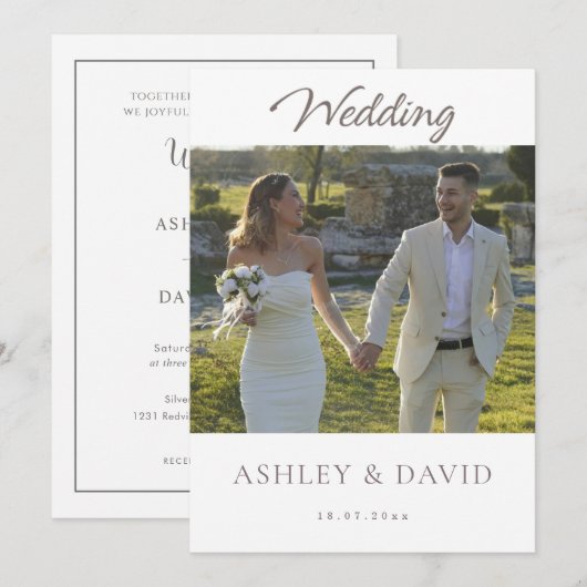 Minimalist Chic Front Photo Modern Script Wedding Kaart (Voorkant / Achterkant)