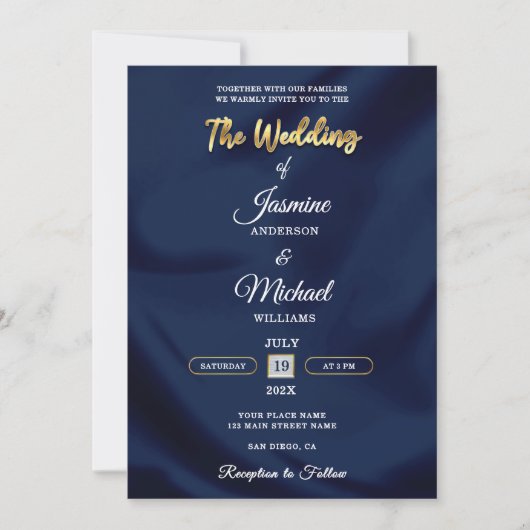 Minimalist Chic Navy & Gold Script Wedding Elegant Kaart (Voorkant)