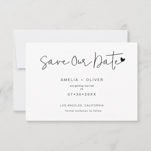 Minimalist Chic Script Heart Modern Wedding Save The Date (Voorkant)
