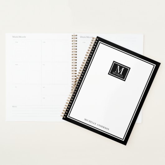 Minimalist Chic Two Boarder Monogram Name Black Planner (Display)