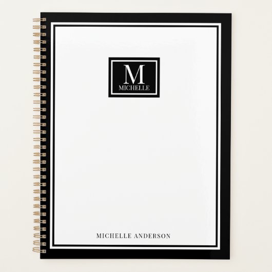 Minimalist Chic Two Boarder Monogram Name Black Planner (Voorkant)