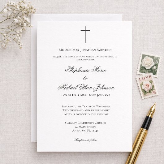 MINIMALIST Christian Cross Formal Church Wedding Kaart