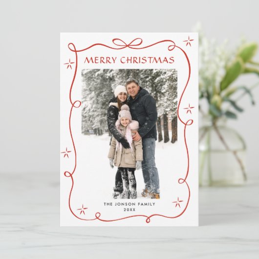 Minimalist Christmas Boho Red Bow Ribbon 2 Photo Feestdagenkaart (Staand voorkant)