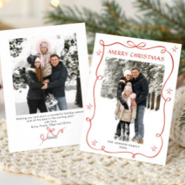 Minimalist Christmas Boho Red Bow Ribbon 2 Photo Feestdagenkaart