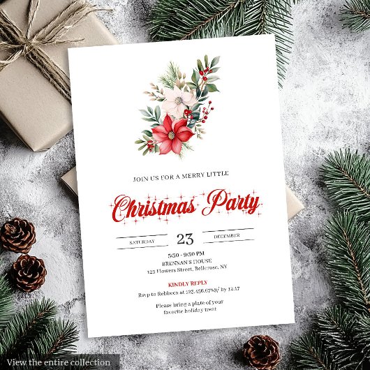 Minimalist Christmas Bouquet Red White Invitation Kaart