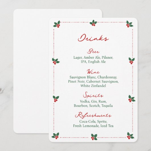 Minimalist Christmas Holly Drink Bar Menu Sign  (Voorkant / Achterkant)