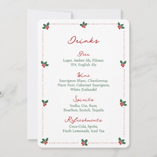 Minimalist Christmas Holly Drink Bar Menu Sign  (Voorkant)