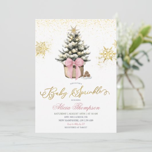 Minimalist Christmas Pink Coquette Baby Sprinkle Kaart (Staand voorkant)