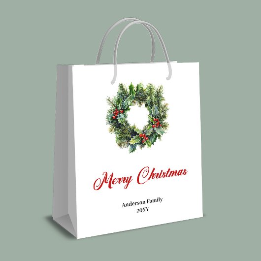 Minimalist Christmas wreath gift bag red green  Medium Cadeauzakje