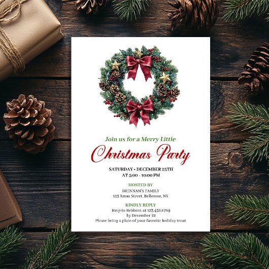Minimalist Christmas Wreath Party Invitation Kaart