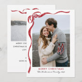Minimalist Coquette Red Bow Christmas 2 Photo Feestdagenkaart (Voorkant / Achterkant)