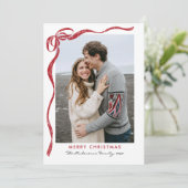 Minimalist Coquette Red Bow Christmas 2 Photo Feestdagenkaart (Staand voorkant)