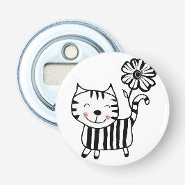 Minimalist Cute Cat with Flower on Tail Decorative Button Flesopener
