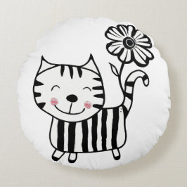 Minimalist Cute Cat with Flower on Tail Decorative Rond Kussen