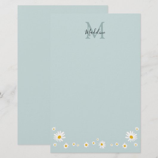 Minimalist Daisy Teal Script Monogram Briefpapier (Voorkant / Achterkant)