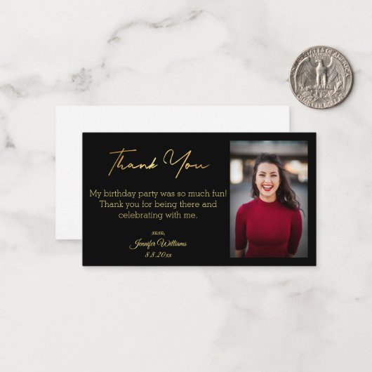 Minimalist dank u verjaardag zwart goud foto notitiekaartje (Voorkant / Achterkant in situ)