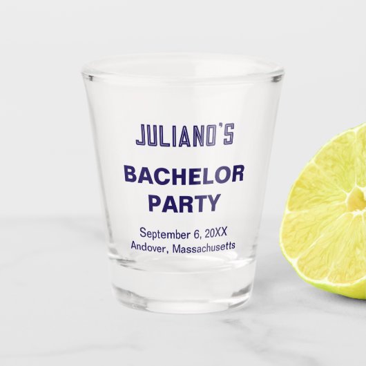 Minimalist Dark Blue Text Bachelor Party Shot Glas (Voorkant)