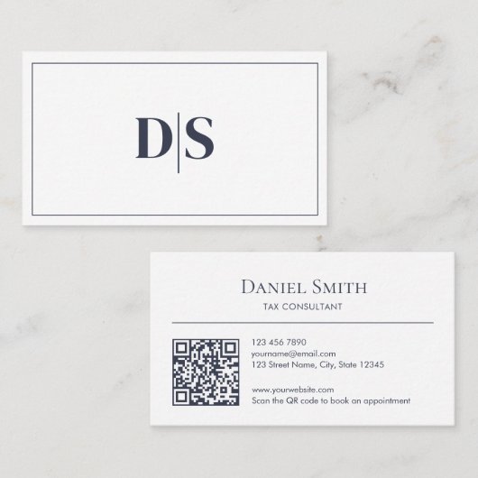 Minimalist Dark Gray on White Initials QR Code Visitekaartje (Voorkant / Achterkant)