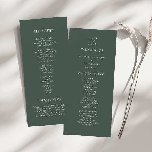 Minimalist Dark Green Wedding Program | Modern  Menu