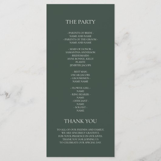 Minimalist Dark Green Wedding Program | Modern  Menu (Achterkant)