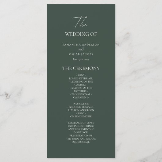 Minimalist Dark Green Wedding Program | Modern  Menu (Voorkant)