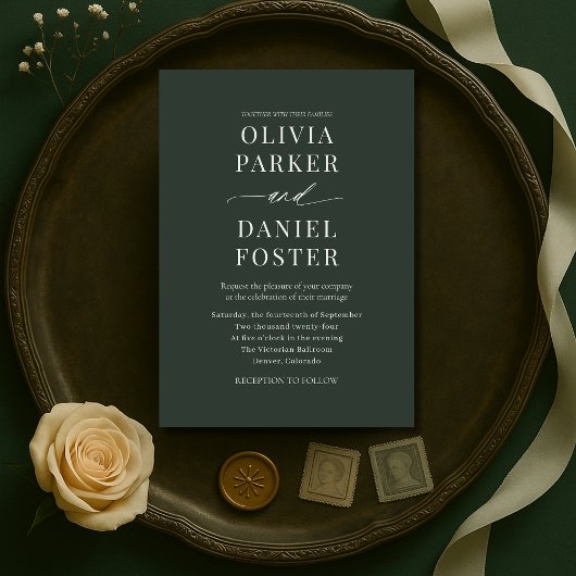 Minimalist Dark Moody Green Wedding Invitation Kaart