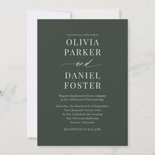 Minimalist Dark Moody Green Wedding Invitation Kaart (Voorkant)