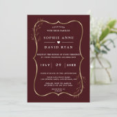 Minimalist Deep Burgundy Gold Line Art Wedding  Kaart (Staand voorkant)