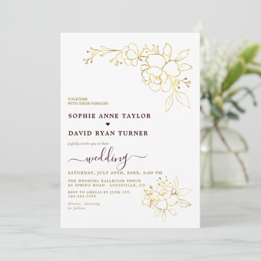 Minimalist Deep Burgundy Gold Simple Wedding Kaart (Staand voorkant)