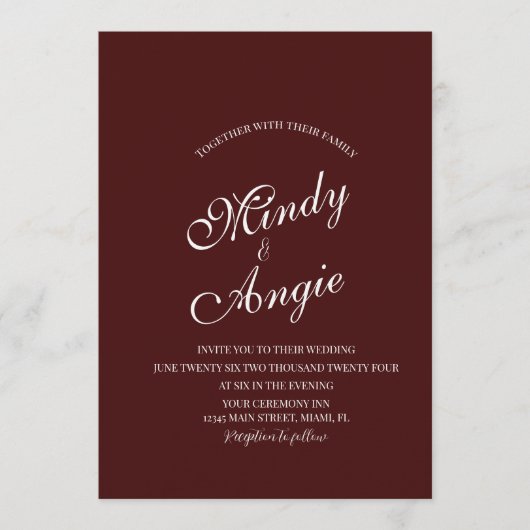 Minimalist Deep Burgundy Script Wedding Kaart (Voorkant)