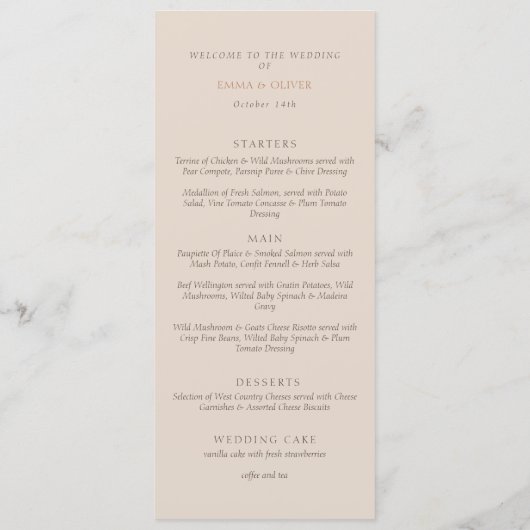 Minimalist Desert Sand Copper Script  Wedding  Menu (Achterkant)
