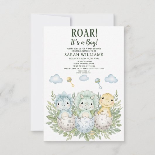 minimalist Dinosaur Baby Shower party boy Roar Kaart (Voorkant)
