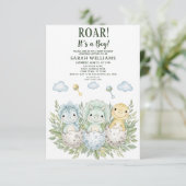minimalist Dinosaur Baby Shower party boy Roar Kaart (Staand voorkant)