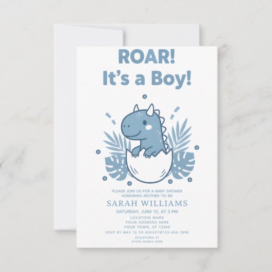 minimalist Dinosaur Baby Shower party boy Roar Kaart (Voorkant)