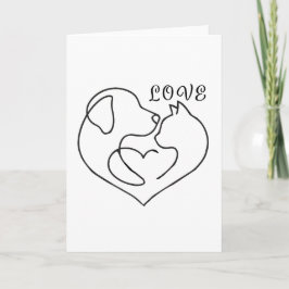 Minimalist Dog and Cat Heart - One Line Art Design Kaart