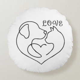 Minimalist Dog and Cat Heart - One Line Art Design Rond Kussen