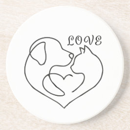 Minimalist Dog and Cat Heart - One Line Art Design Zandsteen Onderzetter