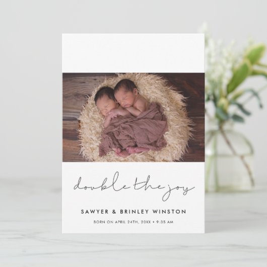Minimalist Dubbel de vreugde tweeling foto Aankondiging (Staand voorkant)
