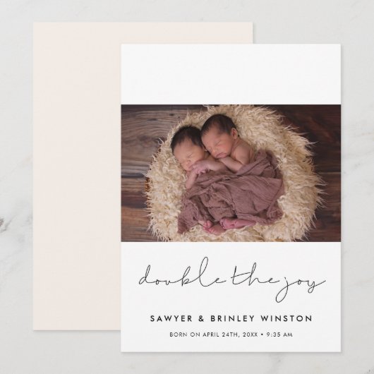 Minimalist Dubbel de vreugde tweeling foto Aankondiging (Voorkant / Achterkant)