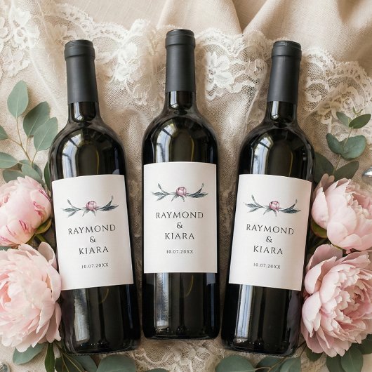 Minimalist Dusky Pink Peony Floral Wedding Wijn Etiket