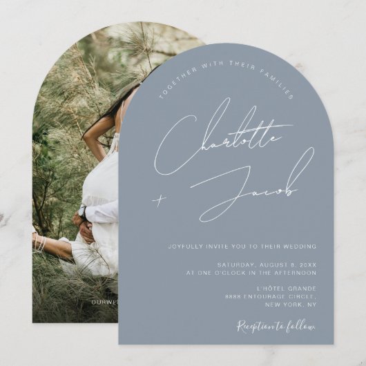 Minimalist Dusty Blue Arch Photo Wedding Kaart (Voorkant / Achterkant)