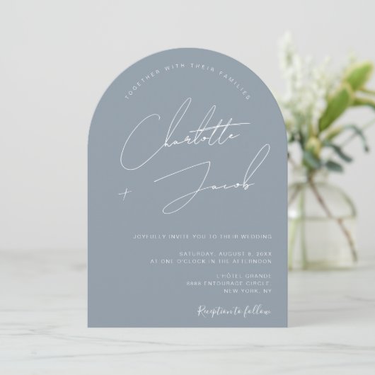 Minimalist Dusty Blue Arch Photo Wedding Kaart (Staand voorkant)