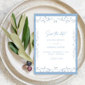 Minimalist Dusty Blue Chinoiserie Floral Save date Kaart