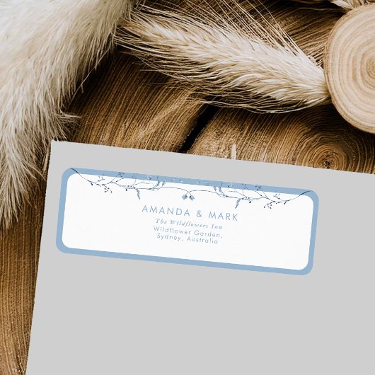 Minimalist Dusty Blue Chinoiserie Floral Wedding Etiket